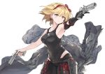  1girl a_(nanananaaannaa) alternate_costume armpits bare_shoulders black_gloves black_shirt blonde_hair breasts brown_eyes commentary_request djeeta_(granblue_fantasy) earrings gloves granblue_fantasy gunslinger_(granblue_fantasy) hairband highres holding holding_weapon jewelry medium_breasts shirt short_hair simple_background single_glove sleeveless sleeveless_shirt solo weapon white_background 