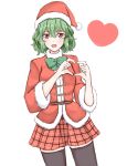  1girl :d bangs belt belt_buckle black_legwear blush bobblehat bow bowtie buckle cowboy_shot eyebrows_visible_through_hair fur-trimmed_sleeves fur_trim green_bow green_bowtie green_hair hair_between_eyes hand_gesture hat heart heart_hands highres kazami_yuuka long_sleeves looking_at_viewer open_mouth plaid plaid_skirt red_eyes red_hat red_skirt santa_costume short_hair simple_background skirt smile solo standing thigh-highs touhou wendell white_background zettai_ryouiki 