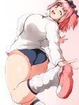  +_+ 1girl ass blue_eyes blush bow breasts buruma commentary_request curvy hair_bow hibari_(senran_kagura) highres isuna jacket large_breasts looking_at_viewer one_eye_closed open_mouth pink_hair plump senran_kagura senran_kagura_(series) short_hair short_twintails smile solo symbol-shaped_pupils track_jacket twintails 