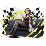  1girl black_legwear blonde_hair breasts cleavage divine_gate full_body high_heels highres holding jewelry karanomori_shion labcoat lipstick long_hair looking_at_viewer makeup medium_breasts necklace official_art panties psycho-pass red_lipstick red_shirt red_shoes red_skirt shadow shirt shoes sitting skirt smoke smoking solo transparent_background ucmm underwear 