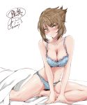  1girl artist_name ass bangs bed_sheet blue_bra blue_panties blush bra breasts brown_hair character_name closed_mouth collarbone green_eyes kantai_collection looking_at_viewer medium_breasts messy_hair mutsu_(kantai_collection) navel on_bed panties rizzl short_hair simple_background solo underwear underwear_only white_background 