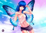  1girl artstation_sample black_shorts blue_hair butterfly_wings buttons collarbone emmanuel_gonzales hand_on_own_chest head_tilt image_sample long_hair looking_at_viewer navel original parted_lips pointy_ears red_lips shirt shorts signature sleeveless smile solo sparkle stomach tank_top white_shirt wings 