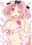 +_+ 1girl bikini blue_eyes blush bow breasts cleavage commentary_request frilled_bikini frills hair_bow hibari_(senran_kagura) large_breasts looking_at_viewer midriff navel one_eye_closed open_mouth pink_hair senran_kagura senran_kagura_(series) short_hair short_twintails smile solo swimsuit symbol-shaped_pupils tatsunokosso twintails w 