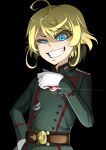  1girl :d absurdres ahoge badge bangs belt belt_buckle black_background blonde_hair blue_eyes buckle buttons clenched_teeth colored_eyelashes constricted_pupils epaulettes evil_grin evil_smile eyebrows_visible_through_hair fang gloves green_jacket grin hair_between_eyes hand_on_hip hand_up highres jacket jewelry k_kung long_sleeves looking_at_viewer messy_hair military military_jacket military_uniform no_hat no_headwear open_mouth shaded_face short_hair simple_background smile solo standing tanya_degurechaff teeth turtleneck uniform upper_body white_gloves youjo_senki 