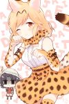  alternate_costume animal_ears bare_shoulders black_hair blonde_hair blush bow bowtie breasts brown_eyes cat_ears cat_tail character_request commentary_request cosplay djeeta_(granblue_fantasy) elbow_gloves gloves granblue_fantasy kemono_friends looking_at_viewer maru_(maruplum) one_eye_closed serval_(kemono_friends) serval_(kemono_friends)_(cosplay) serval_ears serval_tail shaded_face short_hair sleeveless smile tail 