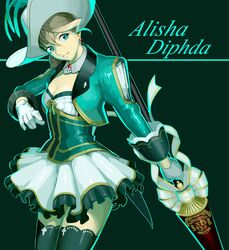  1girl alisha_diphda aqua_eyes black_background black_legwear breasts character_name cleavage earrings gloves hair_between_eyes hat jewelry polearm solo tales_of_(series) tales_of_zestiria thigh-highs ubo_tales weapon white_gloves zettai_ryouiki 