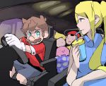  1girl 1other 3boys aqua_eyes bare_arms blonde_hair brown_hair car car_interior closed_eyes crossover cup drinking_straw driving drooling facial_hair gloves ground_vehicle hat highres holding holding_cup hoshi_no_kirby kirby kirby_(series) long_hair looking_at_another lucas mario super_mario_bros. metroid mother_(game) motor_vehicle multiple_boys mustache ness no_hat no_headwear ponytail samus_aran shirt short_hair short_sleeves shorts sitting sketch sleeping sleeveless smile steering_wheel super_smash_bros. super_smash_bros_brawl uroad7 vehicle wing_collar 