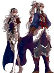  1boy 1girl armor boots cape female_my_unit_(fire_emblem_if) fire_emblem fire_emblem_if japanese_clothes long_hair my_unit_(fire_emblem_if) ponytail red_eyes silver_hair simple_background takumi_(fire_emblem_if) white_background 