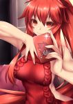  1girl aran_sweater backless_outfit bangs bare_shoulders breasts cellphone closed_mouth doors dress elesis_(elsword) elsword fi-san fingernails hair_between_eyes halterneck hand_on_own_chest hands_up holding holding_cellphone holding_phone indoors large_breasts light_smile long_hair looking_at_viewer meme_attire no_bra open-back_dress phone ponytail red_dress red_eyes red_sweater redhead ribbed_sweater self_shot sideboob sidelocks sleeveless sleeveless_turtleneck smartphone smile solo sweater sweater_dress turtleneck turtleneck_sweater upper_body virgin_killer_sweater 