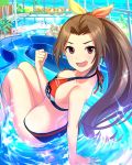  1girl aino_nagisa artist_request bikini bow breasts brown_eyes brown_hair card_(medium) cleavage collarbone hair_bow idolmaster idolmaster_cinderella_girls long_hair long_ponytail looking_at_viewer official_art open_mouth palm_tree partially_submerged ponytail pool smile solo sweatdrop swimsuit tree water_slide 