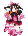  1girl :3 animal_ears black_hair black_panties black_ribbon bow capelet cat_ears cat_tail choker dress fake_animal_ears fake_tail full_body girutea gloves hair_bow hair_ornament love_live! love_live!_school_idol_project panties pantyshot paw_gloves paws red_dress red_eyes ribbon solo star star_hair_ornament tail thigh-highs twintails underwear watermark web_address yazawa_nico zettai_ryouiki 