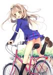  1girl :d ass bicycle black_legwear blue_skirt blue_sweater blush bow floating_hair green_bow ground_vehicle hair_bow highres kneehighs light_brown_hair looking_at_viewer looking_back love_live! love_live!_school_idol_project minami_kotori miniskirt one_leg_raised open_mouth pleated_skirt riding school_uniform signature simple_background skirt smile solo sweater white_background yellow_eyes yoshiwo 