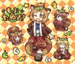  4girls :3 :o ;d =_= animal_ears blonde_hair brown_eyes brown_hair extra fang jacket leaf leaf_on_head light_brown_hair multiple_girls one_eye_closed open_mouth pants paw_print pote_(ptkan) raccoon_ears raccoon_tail short_hair sitting smile tail tanuki touhou wild_and_horned_hermit yellow_eyes 