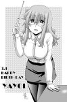  1girl :d blush breasts dated english glasses happy_birthday ichinose_yayoi large_breasts long_hair long_riders! looking_at_viewer miyake_taishi monochrome open_mouth pantyhose pencil_skirt pointer skirt smile solo teacher 