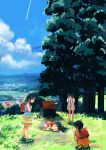  4girls backpack bag black_hair blurry clouds condensation_trail day depth_of_field fetal_position field frilled_skirt frills highres hill house inami_hatoko leaning_forward looking_at_another lying multiple_girls on_side original scenery short_hair short_twintails shorts shrine silver_hair skirt sky sleeping squatting tree twintails 