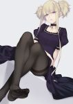  1girl aoki_hagane_no_arpeggio bangs black_dress blonde_hair blunt_bangs breasts choker dress eyes_visible_through_hair head_tilt highres kongou_(aoki_hagane_no_arpeggio) legs_crossed light_smile long_hair looking_at_viewer medium_breasts panties panties_under_pantyhose pantyhose parted_lips pink_eyes puffy_short_sleeves puffy_sleeves rokuwata_tomoe short_hair_with_long_locks short_sleeves short_twintails sidelocks sitting solo thighband_pantyhose twintails underwear 