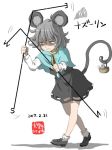  1girl 2017 ahoge animal_ears basket bobby_socks capelet character_name cutout dated dowsing_rod dress full_body grey_dress grey_hair grey_shoes inuno_rakugaki jewelry loafers long_sleeves mouse mouse_ears mouse_tail nazrin nose_bubble pendant red_eyes shaded_face shoes short_hair sleeping socks solo squiggle sweat tail touhou wavy_mouth white_background white_legwear 