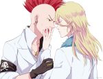  2boys artist_name back bald bazz-b bleach blonde_hair blue_eyes blush earrings fur_trim gloves green_eyes jewelry jugram_haschwalth long_hair male_focus mohawk multiple_boys necklace open_mouth redhead ronisuke simple_background solo teeth upper_body white_background yaoi 