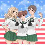 3girls alisa_(girls_und_panzer) alternate_costume american_flag arms_behind_back bangs blonde_hair blouse blue_eyes brown_eyes brown_hair closed_mouth cowboy_shot cropped_legs flag_background freckles girls_und_panzer green_skirt hair_intakes hair_ornament hand_on_another&#039;s_head hand_on_hip hao_(udon) highres kay_(girls_und_panzer) long_hair long_sleeves looking_at_viewer midriff miniskirt multiple_girls naomi_(girls_und_panzer) navel neckerchief open_mouth parted_lips pleated_skirt school_uniform serafuku short_hair short_twintails side-by-side skirt sleeves_rolled_up smile standing star star_hair_ornament twintails very_short_hair white_blouse 