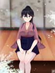 1girl absurdres black_hair blue_eyes breasts cleavage floral_print hakama_skirt high_ponytail highres houshou_(kantai_collection) kantai_collection large_breasts long_hair looking_at_viewer pantyhose pleated_skirt signature sitting skirt smile solo tras030303 