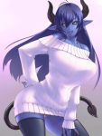  blue_skin demon_girl horns painted_fingernails panties pointed_ears slited_pupils sweater tail thigh_socks 