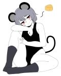  1girl alternate_costume animal_ears bangs black_leotard blush_stickers breasts cheese food full_body grey_hair grey_legwear hair_between_eyes half-closed_eyes head_tilt highres hips knee_up leotard looking_to_the_side mouse_ears mouse_tail nazrin oozon_(ozon) outline red_eyes short_hair simple_background sitting small_breasts socks solo tail thighs touhou white_background 