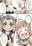  2girls :d :o ahoge animal_ears beaver_ears black-tailed_prairie_dog_(kemono_friends) blush blush_stickers brown_eyes closed_eyes comic elbow_gloves extra_ears fur_collar fur_trim gloves grey_hair hair_ornament hairclip hand_holding happamushi jacket kemono_friends light_brown_hair looking_at_another multicolored_hair multiple_girls north_american_beaver_(kemono_friends) open_clothes open_jacket open_mouth short_hair sleeveless smile speech_bubble torn_clothes torn_sleeves translation_request wavy_eyes wavy_mouth 