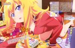  1girl :o absurdres all_fours barefoot blonde_hair blue_eyes blush breasts computer copyright_name downblouse eyebrows_visible_through_hair gabriel_dropout highres jacket laptop long_hair long_sleeves looking_at_viewer magazine magazine_scan messy_hair messy_room no_bra no_pants official_art open_mouth promotional_art scan solo tenma_gabriel_white text track_jacket watanabe_mai 