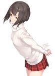  1girl arms_behind_back artist_name brown_eyes brown_hair cowboy_shot kantai_collection leaning_forward looking_at_viewer plaid plaid_skirt pleated_skirt ribbed_sweater rokuwata_tomoe short_hair signature simple_background skirt solo sweater taihou_(kantai_collection) turtleneck turtleneck_sweater twitter_username white_background 