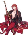  1boy abs arm_support casual dated granblue_fantasy hair_down invisible_chair jewelry male_focus necklace percival_(granblue_fantasy) redhead short_hair simple_background sitting solo sword weapon white_background yuuhi_homare 