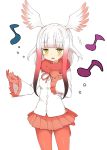  1girl crested_ibis_(kemono_friends) gloves head_wings itamochi kemono_friends long_hair long_sleeves multicolored_hair music musical_note pantyhose red_gloves red_legwear sidelocks singing solo white_hair yellow_eyes 