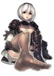  1girl absurdres breasts brown_eyes brown_legwear cleavage feet fengmo highres medium_breasts mole mole_under_mouth nier_(series) nier_automata open_mouth pov_feet short_hair simple_background smile soles solo thigh-highs thighs toes white_background white_hair yorha_no._2_type_b 
