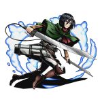  1girl belt black_eyes black_hair boots brown_boots capelet divine_gate dress_shirt dual_wielding full_body grey_pants grey_shirt hair_between_eyes holding holding_sword holding_weapon knee_boots mikasa_ackerman official_art pants red_scarf scarf shadow shingeki_no_kyojin shirt short_hair solo sword three-dimensional_maneuver_gear transparent_background ucmm weapon 