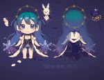  1girl 2017 :&lt; acidear bangs black_nails blue_background blue_dress blue_hair chibi closed_mouth constellation_print directional_arrow dress earmuffs facepaint from_behind full_body gradient_hair green_hair hatsune_miku leg_tattoo long_hair looking_at_viewer multicolored_hair multiple_views musical_note nail_polish quaver sandals simple_background sleeveless sleeveless_dress staff star starry_sky_print stuffed_animal stuffed_bunny stuffed_toy tareme tattoo twintails vocaloid yuki_miku 