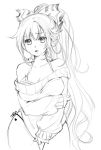  1girl bare_shoulders bow bra breasts cleavage clothes_tug collarbone fujiwara_no_mokou hair_bow highres lace lace-trimmed_bra large_breasts long_hair long_sleeves no_pants off-shoulder_sweater panties ponytail shangguan_feiying side-tie_panties sketch sweater sweater_tug touhou underwear very_long_hair 