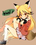  1girl animal_ears aono_(aonoplus) blonde_hair blush bow brown_eyes buttons ezo_red_fox_(kemono_friends) fox_ears fox_tail fur-trimmed_jacket fur_trim jacket kemono_friends long_hair looking_at_viewer open_mouth pantyhose simple_background skirt solo tail 