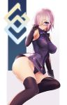  1girl adjusting_glasses arm_support armor armored_dress black_legwear breasts fate/grand_order fate_(series) glasses hair_over_one_eye highres hips large_breasts legs lying on_side purple_hair red-framed_eyewear shielder_(fate/grand_order) short_hair solo thigh-highs thighs youta 