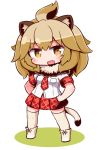  1girl :d animal_ears ankle_boots blush boots brown_hair cat_ears cat_tail chibi collar eyebrows_visible_through_hair eyelashes fang full_body fur_collar half_updo hands_on_hips kemono_friends light_brown_eyes lion_(kemono_friends) lion_ears lion_tail long_hair looking_at_viewer naga_u necktie open_mouth plaid plaid_necktie plaid_skirt pocket ribbon sanpaku shadow shirt shoe_ribbon short_sleeves simple_background skirt smile socks solo standing tail thigh-highs white_background white_shirt zettai_ryouiki 