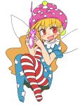  &gt;:d 1girl :d american_flag_dress american_flag_legwear blonde_hair blue_legwear clownpiece dress fairy_wings fire floating full_body hat ini_(inunabe00) jester_cap long_hair looking_at_viewer neck_ruff open_mouth pink_fire pink_hat polka_dot_hat red_eyes red_legwear short_sleeves simple_background smile solo star star_print striped striped_dress striped_legwear touhou very_long_hair white_background wings 