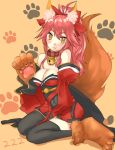  1girl :3 absurdres animal_ears bad_id bad_pixiv_id bell bell_collar black_legwear blush breasts cleavage collar fate/grand_order fate_(series) fox_ears fox_tail hair_ribbon highres large_breasts long_hair looking_at_viewer open_mouth paws pink_hair ribbon sitting solo tail tamamo_(fate)_(all) tamamo_cat_(fate) thigh-highs wariza yellow_eyes 