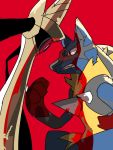  aegislash animal_ears clenched_hand clenched_teeth cowboy_shot eye_contact face-to-face hand_up jkwaipa0926 looking_at_another lucario mega_lucario mega_pokemon no_humans pokemon pokemon_(creature) pokemon_(game) pokemon_xy red_background red_eyes simple_background sketch slit_pupils snout spikes sword sword_hilt teeth weapon 