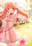  1girl arm_ribbon bangs blonde_hair blush breasts cherry_blossoms clarinet_(natsumi3230) cowboy_shot dress eyebrows_visible_through_hair flower grass highres holding holding_flower long_hair looking_at_viewer neck_ribbon original outdoors parted_lips petals pink_dress pink_eyes red_ribbon ribbon small_breasts smile solo spaghetti_strap standing twintails 