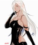  1girl bare_shoulders blue_eyes elbow_gloves gloves hair_over_one_eye nier_(series) nier_automata robot_joints solo takssmask thigh-highs white_hair yorha_type_a_no._2 
