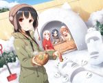  4girls :d black_hair brown_eyes brown_hair bwol chopsticks coat commentary_request food glasses hair_ornament hairclip hat holding igloo long_hair looking_at_viewer multiple_girls open_mouth original senbei shovel smile snow snow_bunny snow_shelter waving winter_clothes winter_coat worktool yume_no_owari 