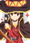  1girl adjusting_clothes adjusting_hat black_gloves black_hair blurry c: cape choker depth_of_field fingerless_gloves gloves hat highres holding kono_subarashii_sekai_ni_shukufuku_wo! looking_at_viewer megumin red_eyes short_hair solo staff tomato_(lsj44867) witch_hat 