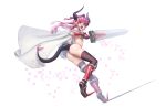  1girl armor ass athenawyrm bikini_armor blue_eyes blush cape dragon_girl dragon_tail elizabeth_bathory_(brave)_(fate) fang fate/grand_order fate_(series) full_body hairband horns lancer_(fate/extra_ccc) long_hair open_mouth pink_hair pointy_ears shoulder_armor solo spikes sword tail tiara vambraces weapon 
