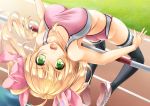  1girl arched_back ass black_legwear blonde_hair breasts buruma green_eyes jumping kamiya_tomoe leaning_back long_hair midriff open_mouth original ribbon shoes sneakers solo sport sports_bikini sports_bra thigh-highs twintails 