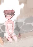  1girl alternate_hairstyle brown_eyes brown_hair commentary_request cup double_bun enjaku_izuku highres jar kantai_collection naked_towel onsen partially_submerged ripples ryuujou_(kantai_collection) sitting smile solo_focus towel wall wet 