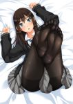  1girl aqua_eyes black_legwear blush brown_hair cardigan chiro earrings feet idolmaster idolmaster_cinderella_girls jewelry legs_up long_hair looking_at_viewer lying necklace necktie on_back pantyhose pov_feet school_uniform shibuya_rin skirt soles solo 