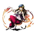 1girl alternate_costume anklet black_hat bracelet breasts brown_hair cleavage collarbone divine_gate earrings fire full_body hat jewelry legs_crossed long_hair looking_at_viewer makise_kurisu medium_breasts official_art pants red_pants shadow shirt sleeveless sleeveless_shirt solo steins;gate transparent_background ucmm violet_eyes white_shirt 